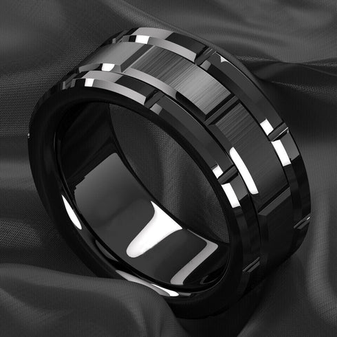 Men's 8mm Tungsten Black Grooved Bushed Brick Pattern Comfort-Fit Wedding Band
